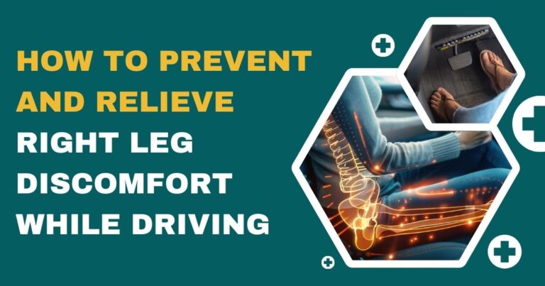 A person experiencing leg discomfort while driving, with an overlay showing skeletal pain in the right leg and close-up of foot on a car pedal.