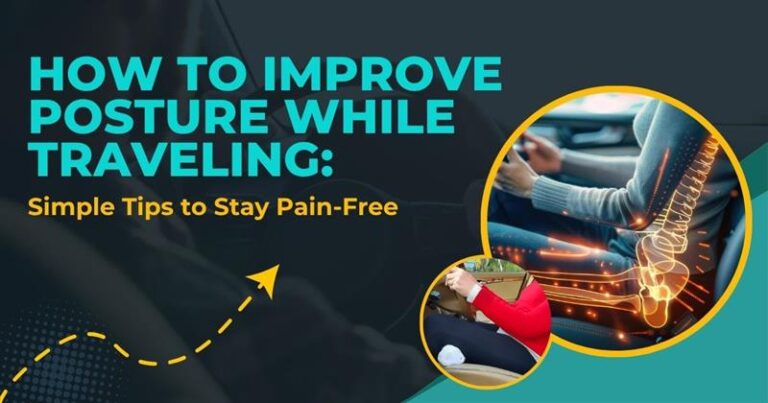 Graphic showing tips on how to improve posture while traveling, with illustrations of proper seated posture and spine alignment in a car seat.