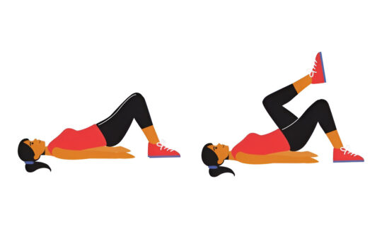 Illustration of a woman performing bridge with march exercise to strengthen glutes and improve hip stability for uneven hips.