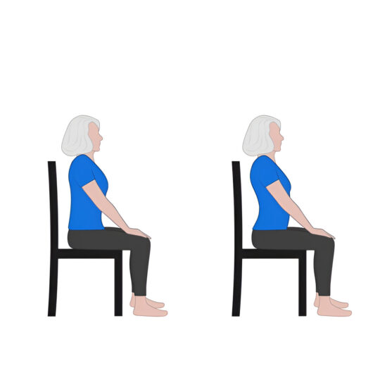 Illustration of an older woman seated on a chair demonstrating pelvic tilts. On the left, she tucks her pelvis backward, and on the right, she tilts her pelvis forward with an upright posture.