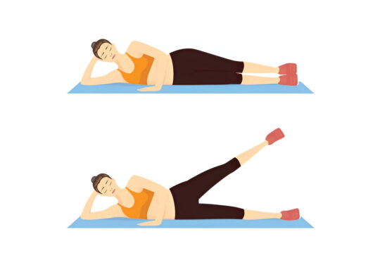 Illustration of a woman performing side-lying leg raises exercise to strengthen glutes and improve hip alignment.