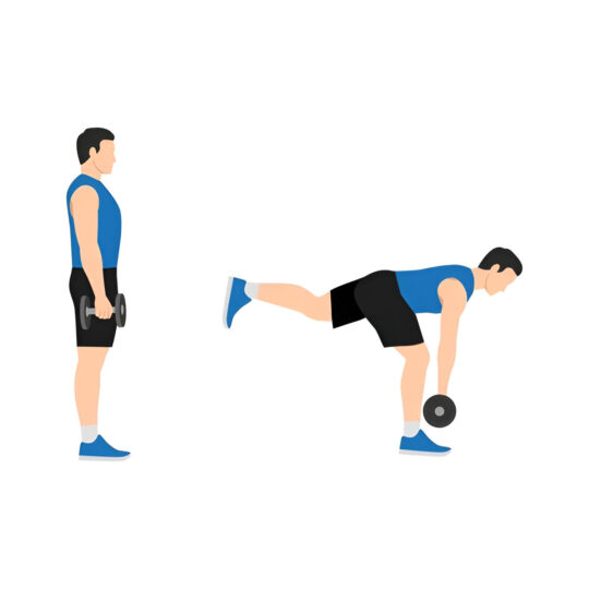 Illustration of a man performing a single-leg deadlift with dumbbells to strengthen hamstrings, glutes, and improve hip balance.